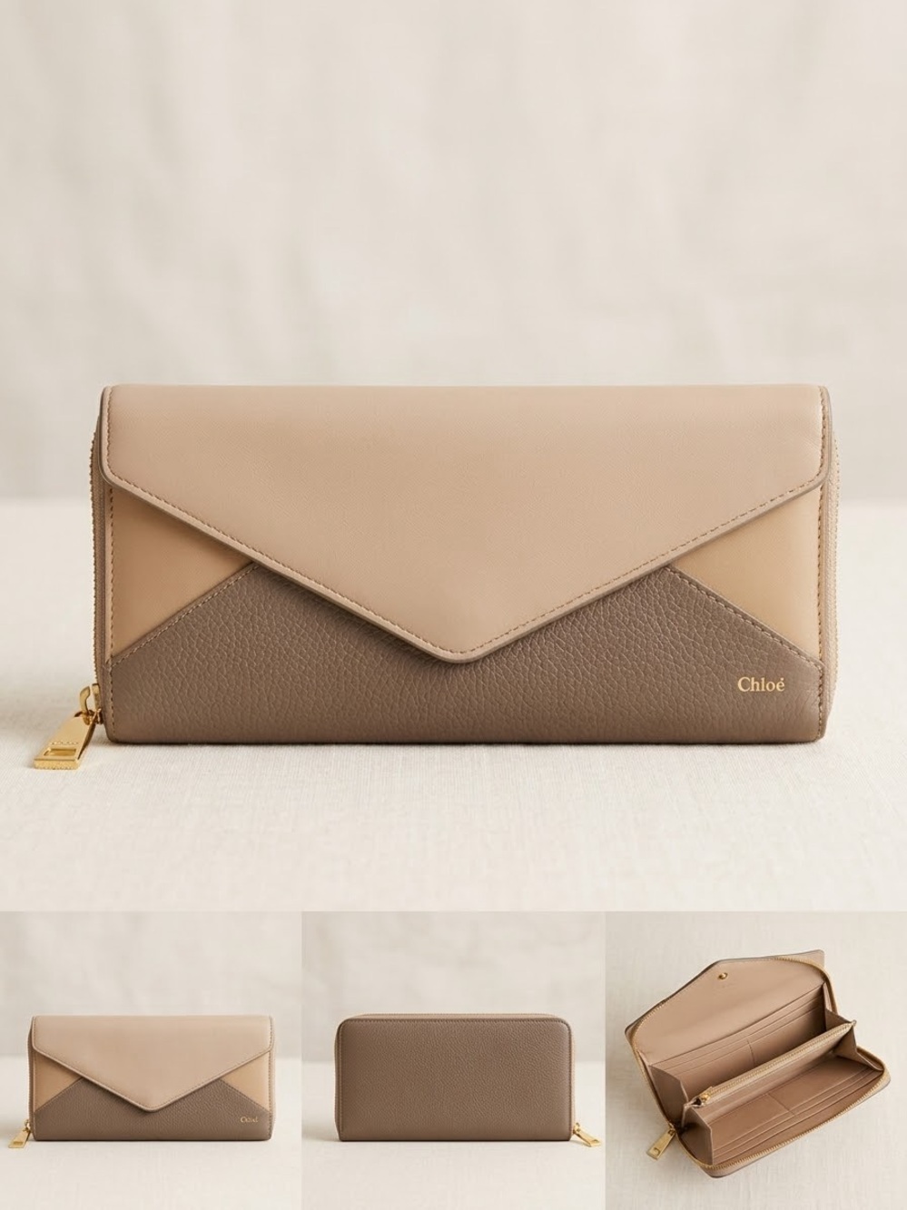 Chloe Georgia Leather Continental Long Flap Wallet. Nude/Beige/Taupe